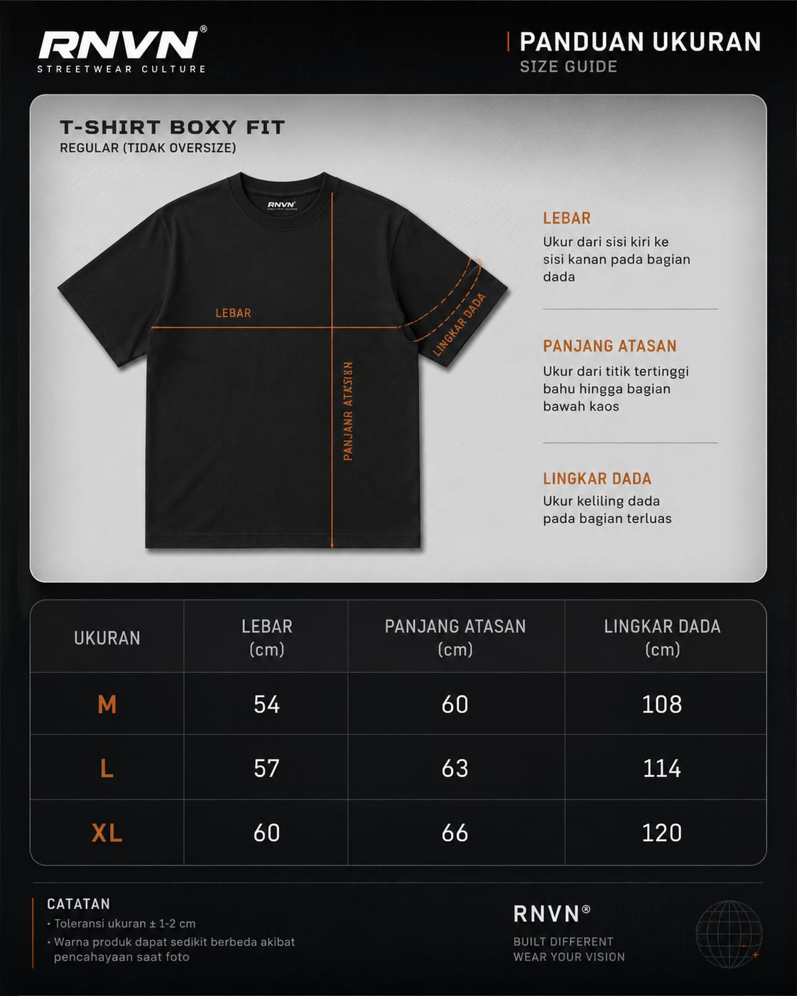 Tabel ukuran RNVN — lingkar dada dan panjang baju untuk ukuran S, M, L, dan XL